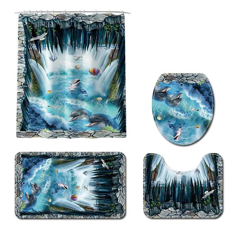 Ванная комната Ковер Душ занавес 3D Дельфин Bath Mat Set Waterproof ванной комнаты фланель