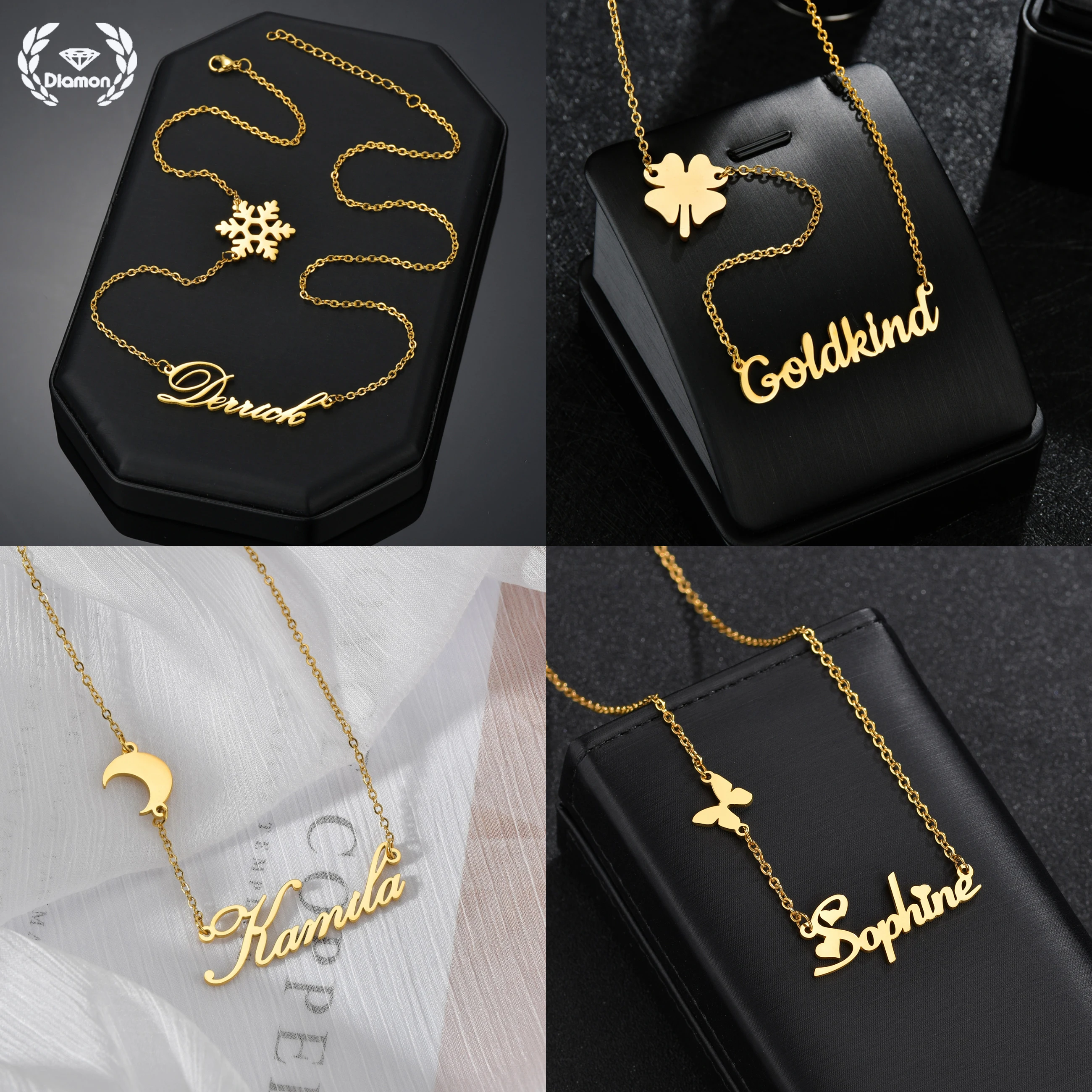 

Fashion Custom Stainless Steel Name Necklace for women Personalized Letter cute Crown Butterfly Pendant jewelry Friendship Gift