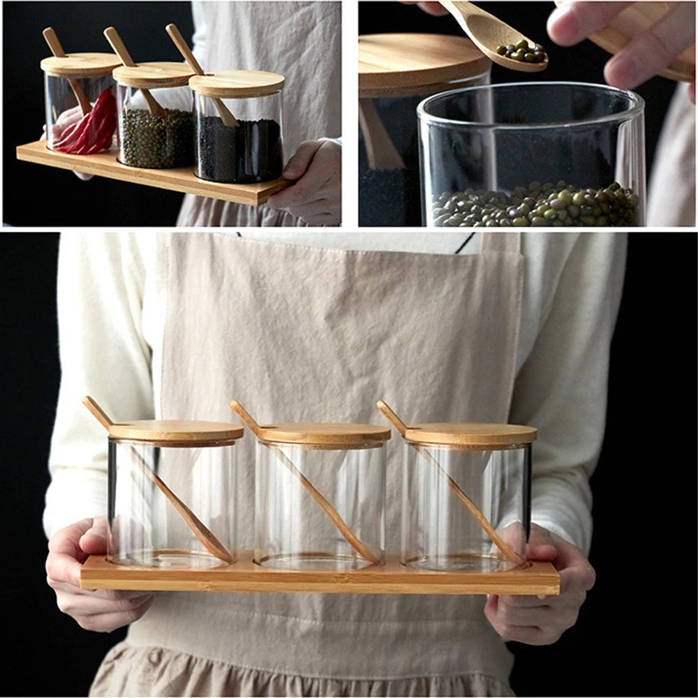 

Spice Jar with Lid and Spoon Can Be Used for Sugar, Coffee, Glass Spice Jar Set, Bamboo and Wood Lid, Kitchen Storage Container