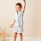 Летние Пижамные комплекты с отложным воротником для девочек, Синие пижамы с коротким рукавом для малышей, Детская домашняя пижама