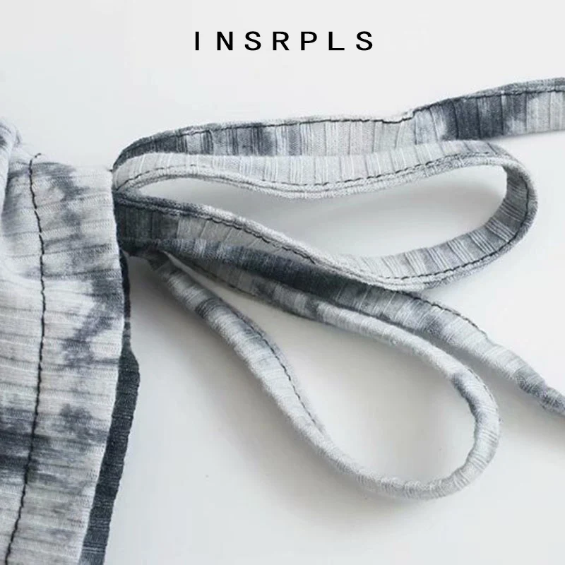 

INSRPLS Women Fashion With Drawstring Tied Tie-dye Print Blouses Vintage O Neck Long Sleeve Female Shirts Chic Tops