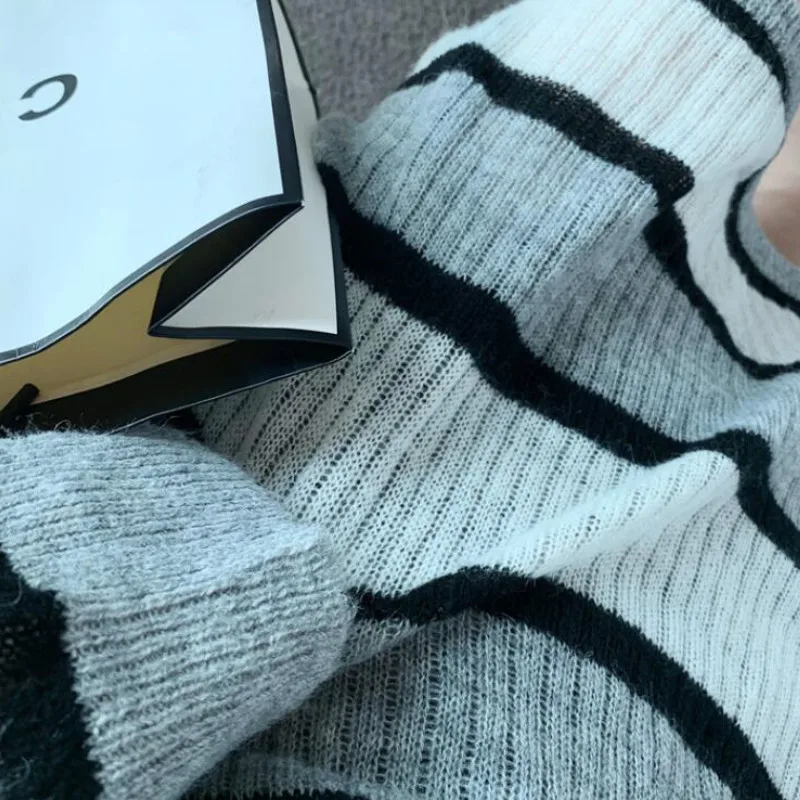 

Pullovers Women Striped O-neck Oversize Large Size 3XL Thin Harajuku Fashion Elegant Korean Knitted Female Chic Outwear Daily BF