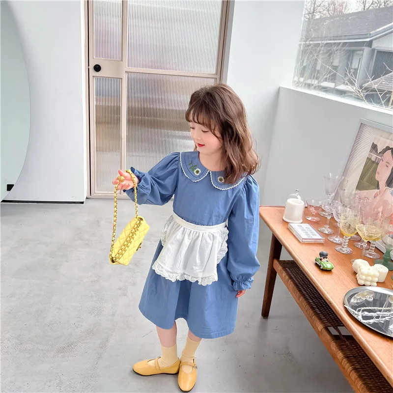 

Платье для девочек, весеннее платье для девочек в сельском стиле с вышивкой и кукольным воротником, платье с пышными рукавами, Съемное плать...