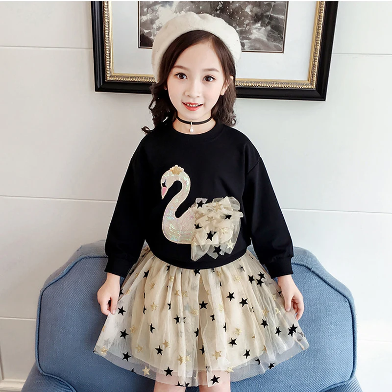 Комплекты для девочек осенняя одежда милый топ с лебедем и блестками + сетчатые