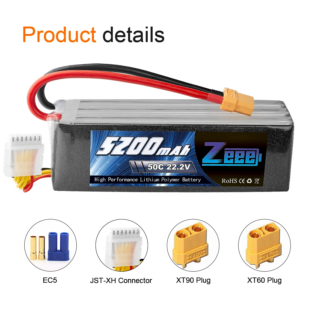 Zeee RC LiPo батарея 50C 5200mAh 22,2 V 6S XT90 LiPo батарея с XT60 EC5 для RC вертолета автомобиля лодки самолета квадрокоптера FPV