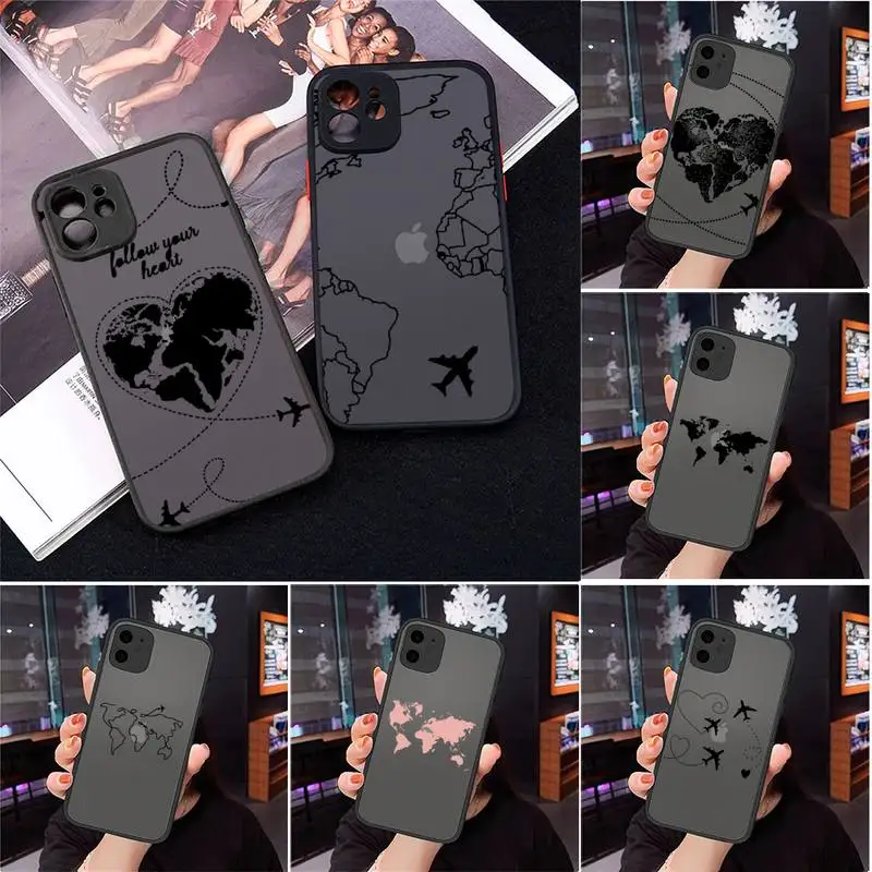 

World map travl airplane pattern Phone Case Matte Transparent for iPhone 7 8 11 12 s mini pro X XS XR MAX Plus cover funda