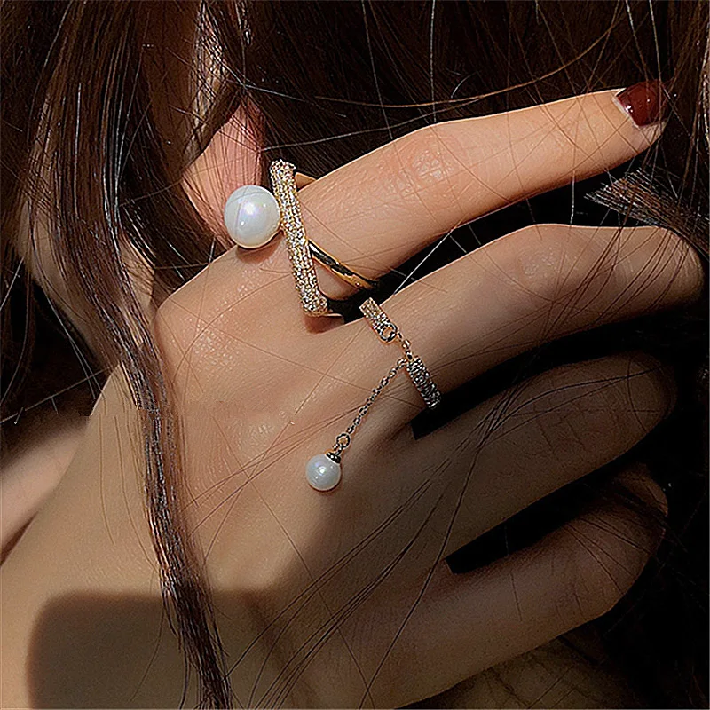 

2021 Fashion Cross Pearl Texture Adjustable Ring Inlaid Zircon Temperament All-match Tassel Jewelry Gift Women's Jewelry Rings