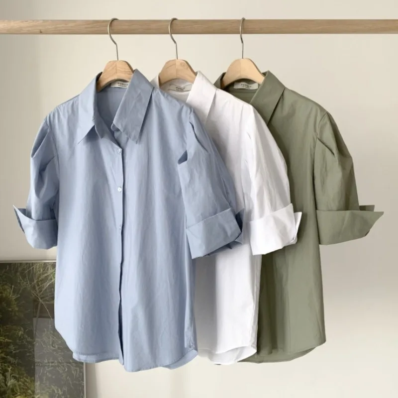 

ZAWAHIKI Elegant Simplicity Shirt Women Summer Notched Collar Single Breasted Short Sleeve Tops Loose All-match Solid Blouse