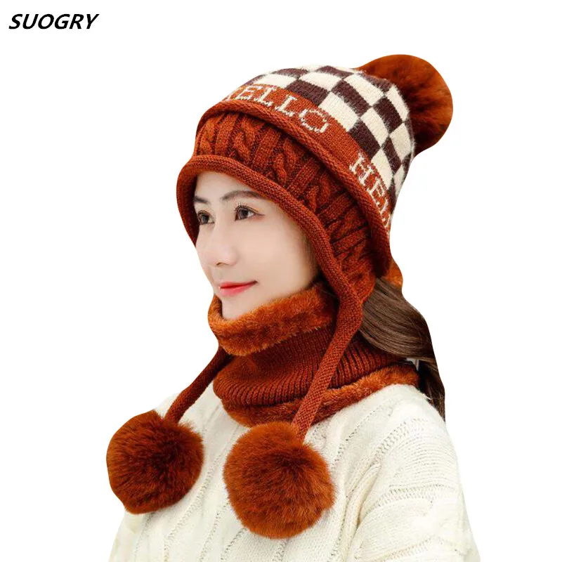 

Fashion Winter Hats Women's Fur Hats Knitting Fox Fur Hat Pom Poms Ball Beanie Caps Skullies Cap Female Thick Beanies With Scarf