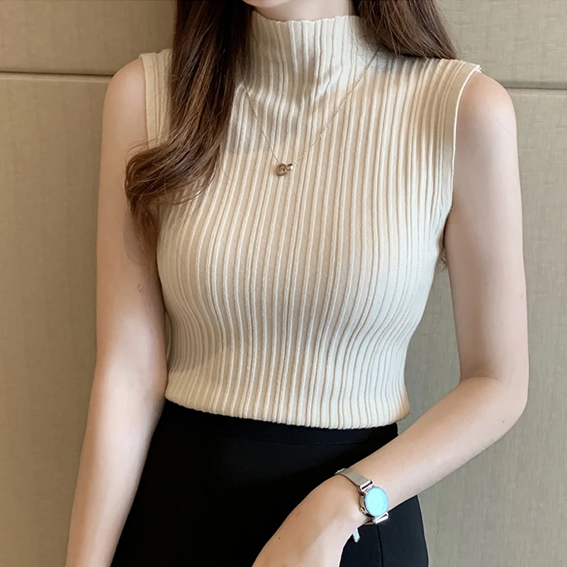 

2021 Autumn Winter New Half High Neck Shirt for Women Solid Slim Thin Sleeveless Knit Sweater Elegant Casual Blouse Blusas 15662