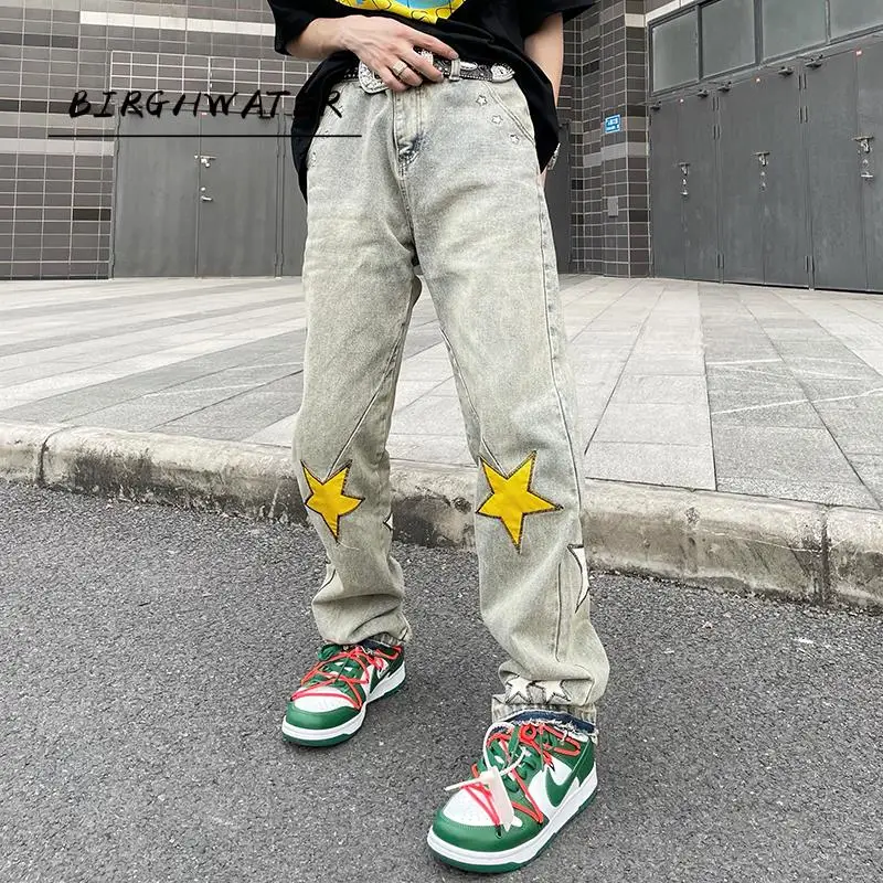 

High Street Five Stars Embroidery Retro Casual Jeans Mens Harajuku Straight Washed Oversize Loose Denim Trousers