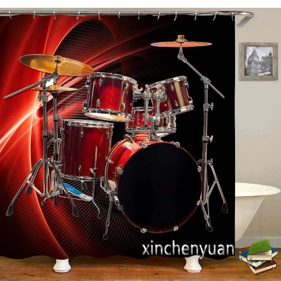 

New Creative Musical Instrument Drum Waterproof Bathroom Curtain 3d Printed Fabric with Hooks Decoration Shower Curtain M42