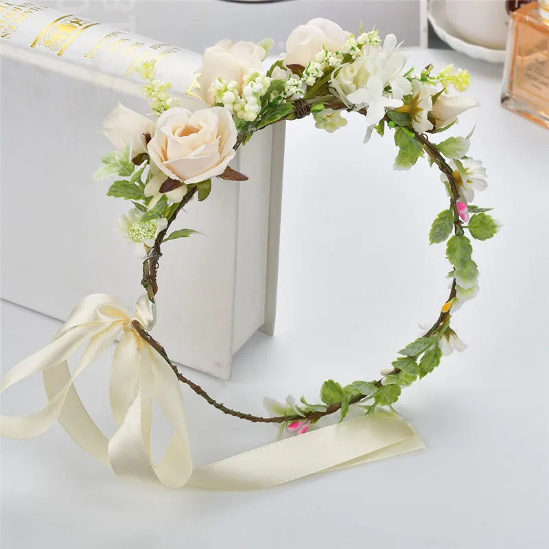

Bohemian White Simulation Rose Flower Crown Head Wreath Hairband Seaside Holiday Photo Headdress Bride Handmade Hair Accessories