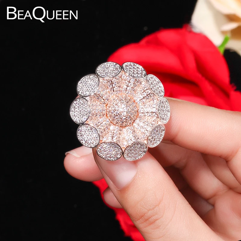 

BeaQueen Full Cubic Zirconia Setting Rose Gold Color 2 Tones Big Flower Engagement Rings Statement Finger Jewelry for Women R061