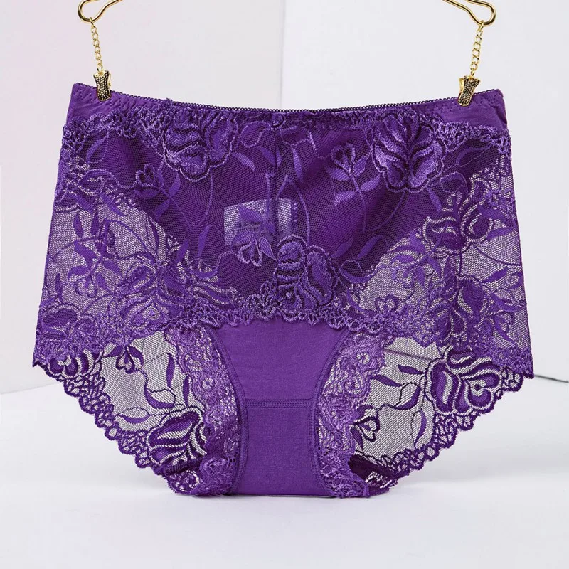 

Women's Sexy Lace Plus Size Panties Seamless Breathable Panty Transparent Hollow design Briefs Female Solid Color Underwear