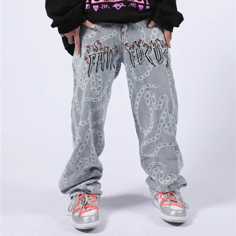 2021 Stylish Chain Jacquard Hip Hop Straight Men Baggy Jeans Trousers Dark Academia Style Casual Vin