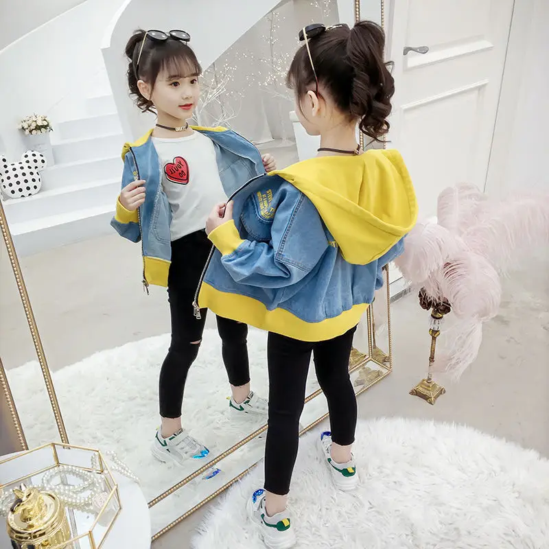 

Girls Denim Jackets Kids Jeans Coat Children Splice Outerwear Clothing Spring Autumn Girl Hooded Sport Clothes 5 6 8 10 12 Years