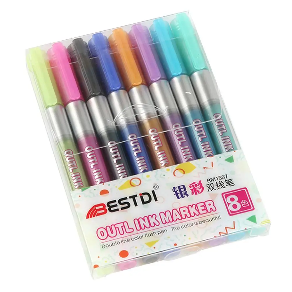 

Color 8Pcs/Box Metallic Double Lines Art Markers Art Drawing Pens out Line Pen Colorful Gifts Car Tyre Stationery Marker Pen