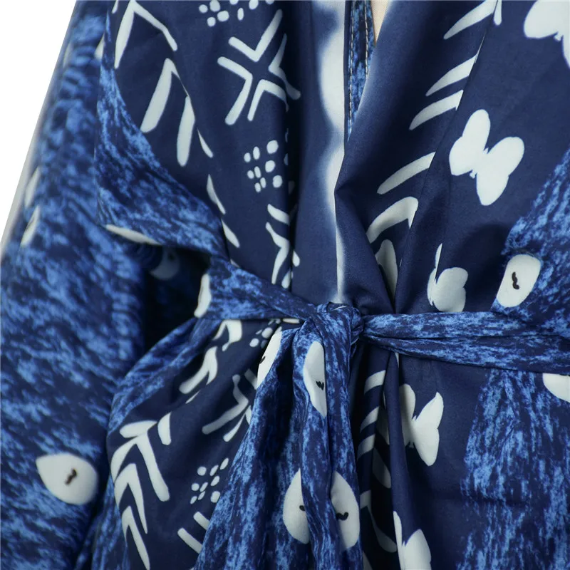 

Women's Ethnic Style Printed Bikini Cover-ups Beach Smock Full Length Long Sleeve Loose Sunproof Cardigan With Waistband