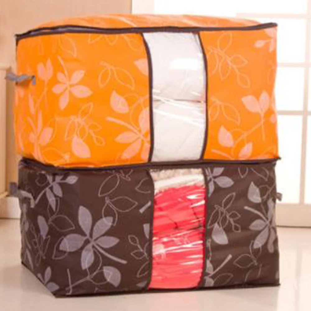 

3PCS Nonwoven Quilt Storage Bags Leaves Pattern Transparent Window Blanket Organizer Boxes Clothing Quilt Storage Bags