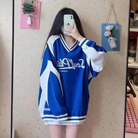 houzhou harajuku hoodies women korean fashion oversized v neck pullovers streetwear baseball sweatshirt female student all match