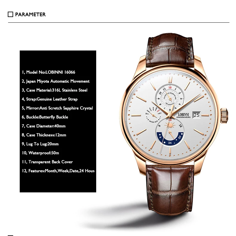 Часы наручные LOBINNI Мужские автоматические роскошные механические швейцарские с