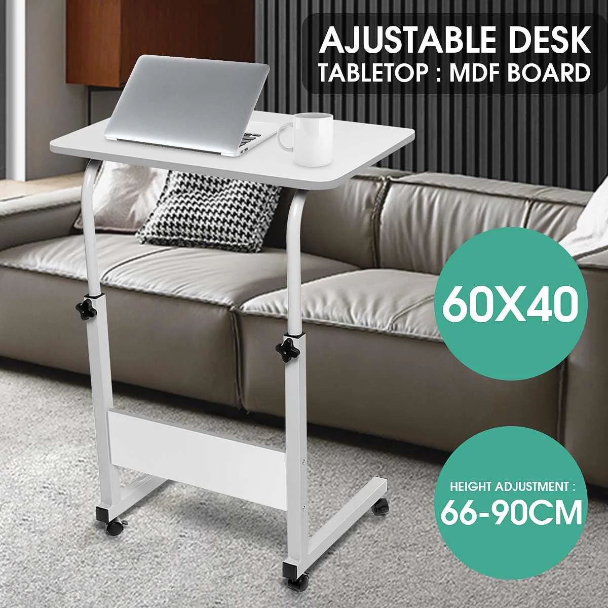 

Study Table for Bedroom Adjustable Laptop Desk Bed Table for Computer Game Desks Lifting up Standing Desk With Roller 60*40CM