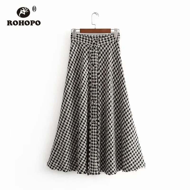 ROHOPO Houndstooth Высокая талия твидовая Расклешенная юбка миди британская Academy Slip Hem Женская Осенняя Falda Buttoms#2331 - Цвет: CN SIZE