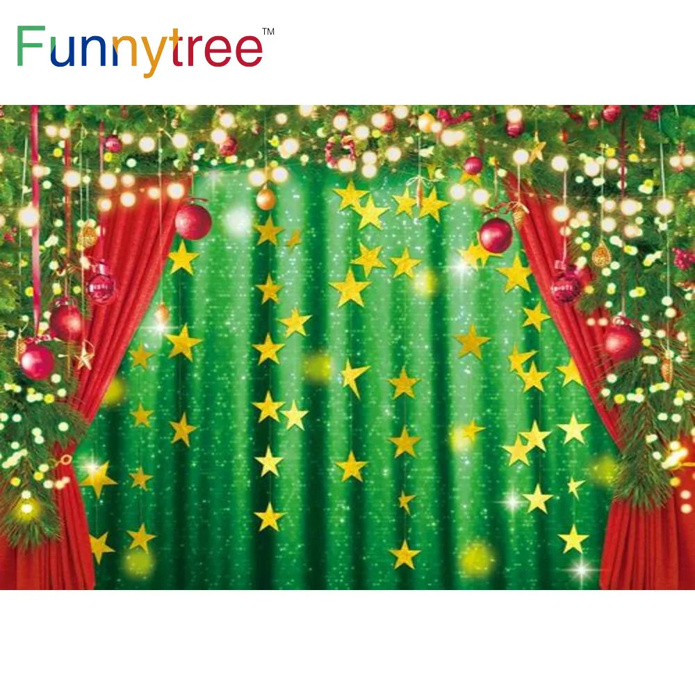 

Funnytree Merry Christmas Party Background Gold Stars Curtain Bells Lights Banner Branches New Year 2022 Photocall Backdrop