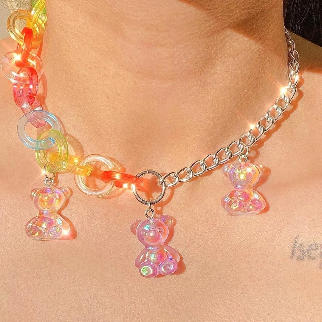 

YSMLK 2021 New Smiley Bear Strawberry Pendant Transparent Acrylic Chain Necklace Hip-hop Clavicle Necklace for Women Jewelry
