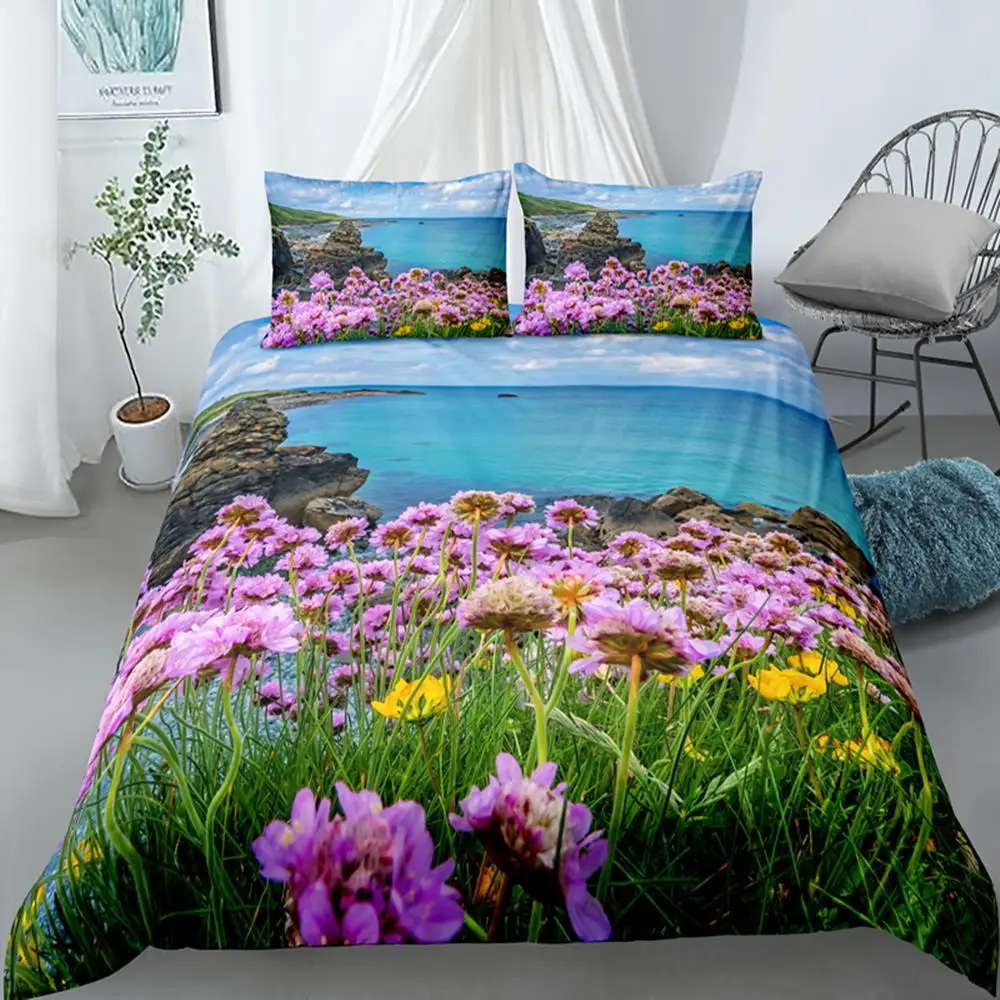 

3D Beautiful Sunset Lavender Single Double Romantic Duvet Cover Set Sea Beach Printed Bedding Sets Comfotable With Pillowcase