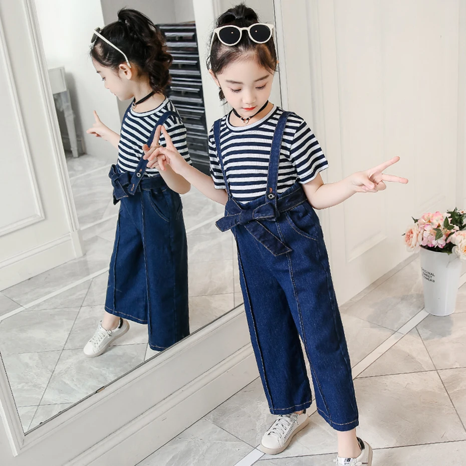 Одежда для девочек футболка в полоску + комбинезон комплект джинсовые свободные