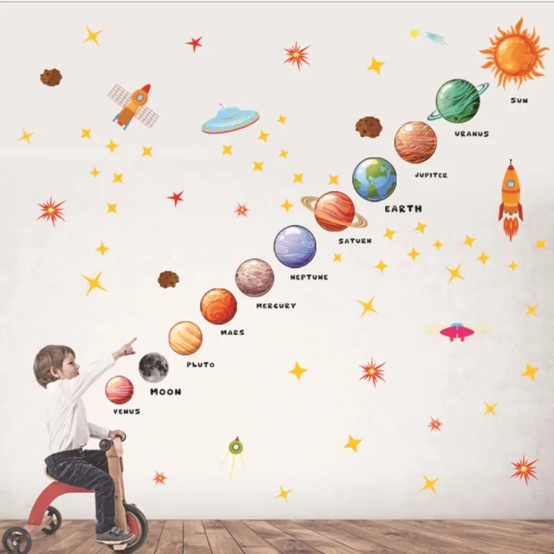 ПВХ съемные красочные наклейки на стену с печатью Вселенная планета астронавт для детской комнаты домашний декор