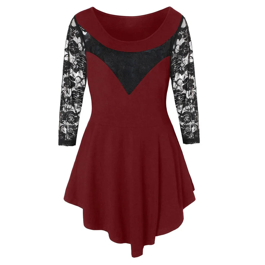 

Women Plus Size Women Solid Floral Lace O-neck Asymmetric Three Quarter Tops Camiseta Top Harajuku Shirts 2021