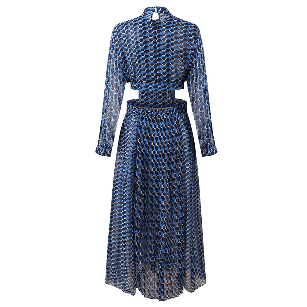 

Fashion High Street Swing Chffion Dress Women Stand Collar Lantern Sleeve Ankle-Length Dress Hollow See-Through Party Dresses