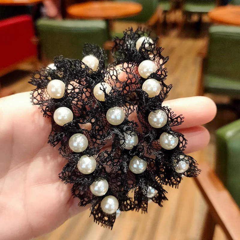 

Simple Black Lace Pearl Hair Rope Lady Girl Rubber Band Fresh and Fashionable Hair Tie Korean Style Hair Decoration Accessories