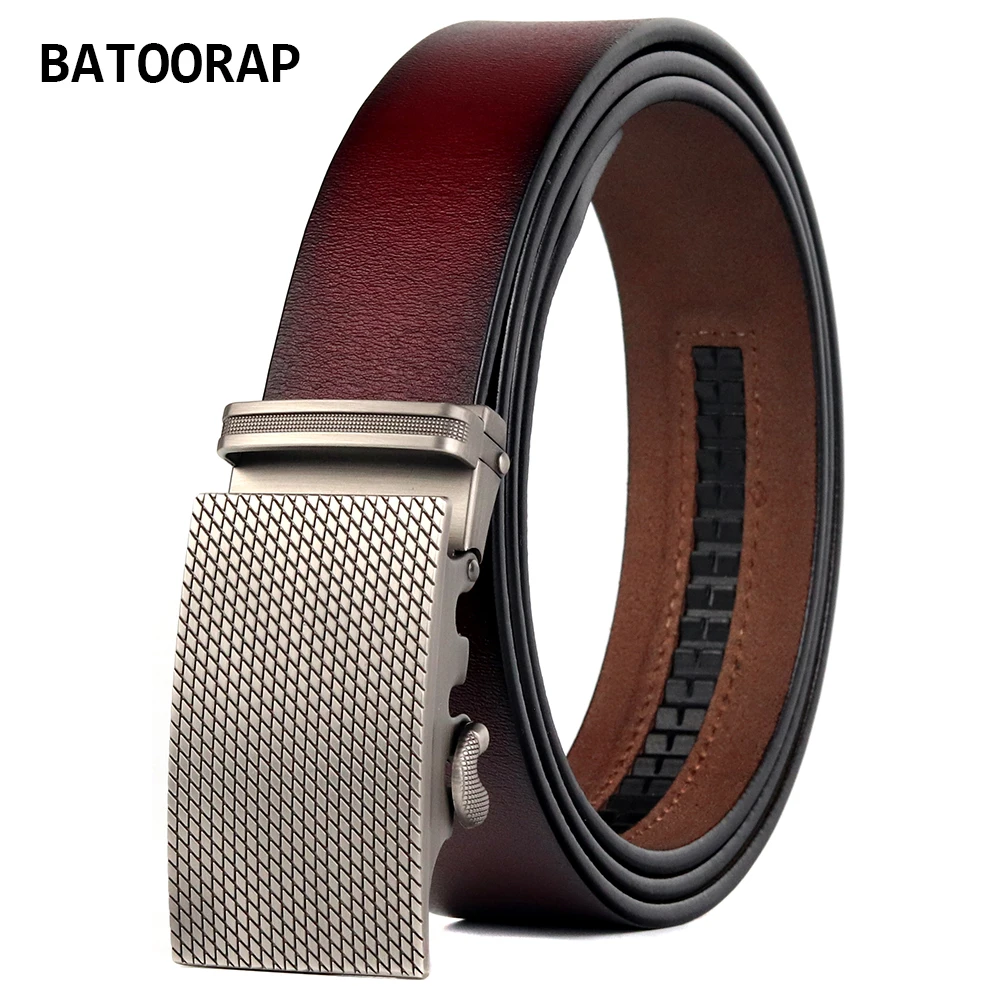 

BATOORAP Designer Men's Leather Belt Automatic Buckle Metal Fashion Vintage Jean Waist Strap Male Wine Red Cowhide Ratchet Belt