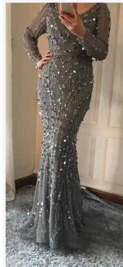 Gray Дубай Robe De Soiree Роскошные вечерние платья с длинным рукавом настоящая фотография Кристалл Блестки темно-синий Русалка Вечерние платья BLA6010 - Цвет: Gray