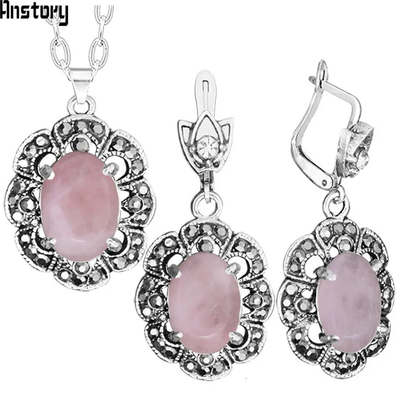 Vintage Natural Pink Quartz Jewelry Set Rhinestone Flower Necklace Earring Antique Sliver Plated For Women Fashion Jewelry