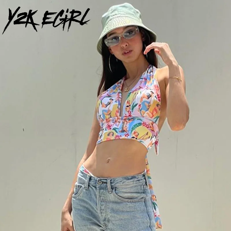 

Y2K EGIRL 90s Aesthetics Deep V Backless Sexy Vests Summer 2021 Y2K Fashion Art Graphic Print Halter Crop Tops Vintage Tank Cute