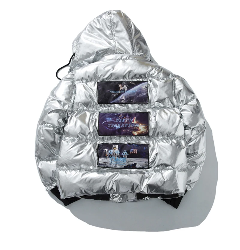 Яркая Цветная куртка с рисунком Мужская Серебристая зимняя парка капюшоном