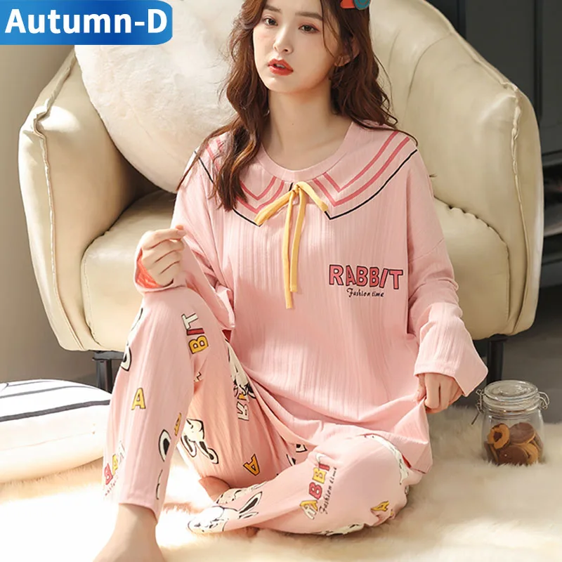 

Женский пижамный комплект с длинным рукавом, Женская домашняя одежда, хлопковая одежда для сна, ночная рубашка большого размера с мультяшны...