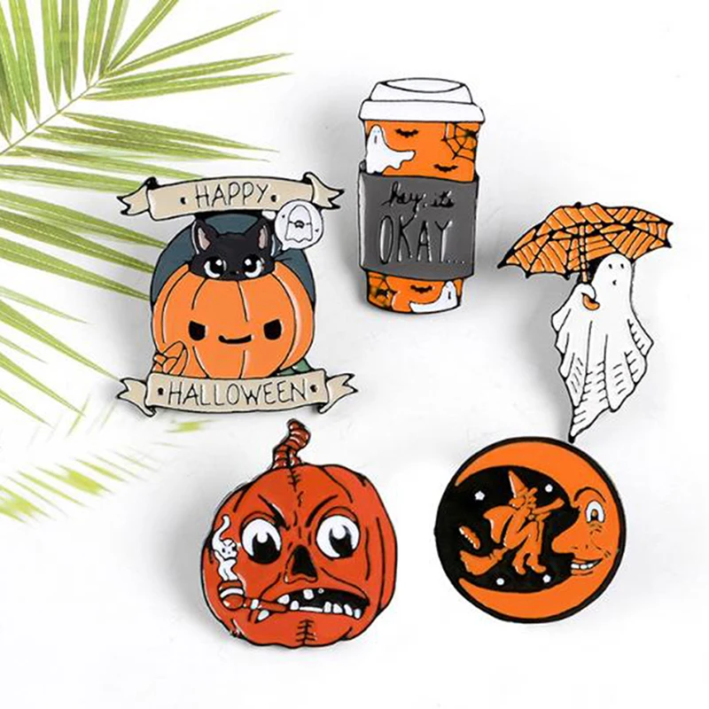 Хэллоуин эмали штырь кофе Луна в виде приведения и тыквы брошь зонтика рюкзак