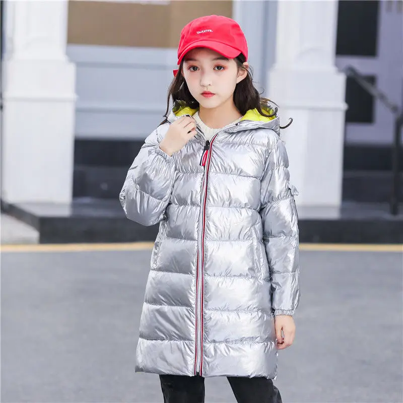 Детская зимняя куртка высокого качества плотное теплое пальто для девочек пуховая куртка золотого и серебряного цвета куртка с капюшоном зимний костюм детская одежда