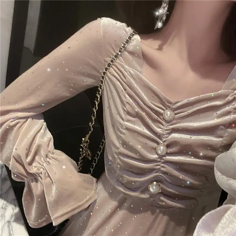 

Dress women's 2021 early spring new high waist slim French retro style wrinkled medium length flash piece Fairy Dress