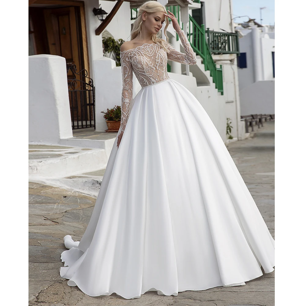 

Cheap Wedding Dresses Satin Lace Pleat Bateau Full Sleeve Zipper A-Line Bridal Gowns Novia Do 2021 Vestidos