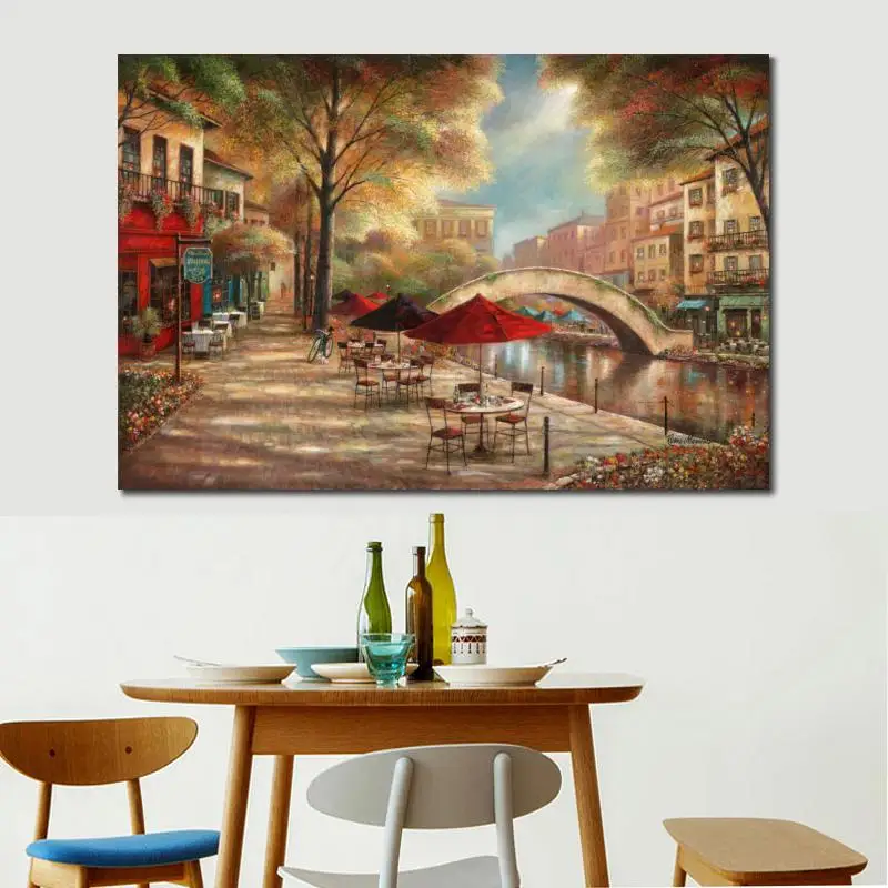 Wall Art Venice Landscape Artwork Oil Canvas Painting Riverwalk Cafe Ruane Manning Hand Painted Beautiful Coastal Architecture | Дом и сад