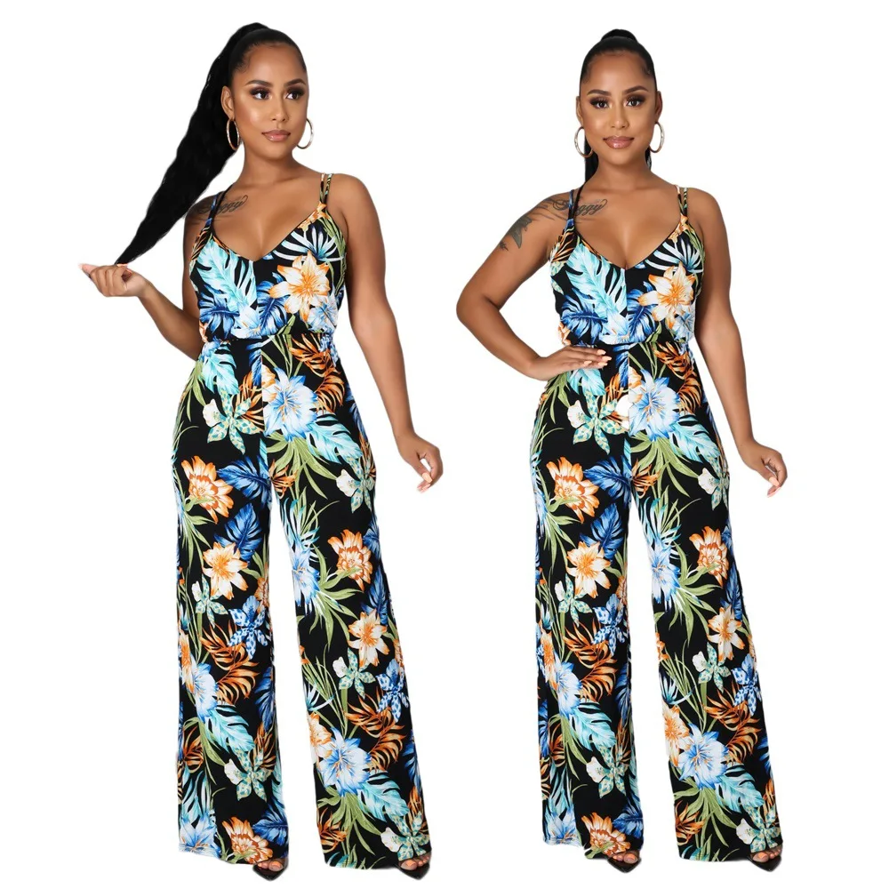 

Женский комбинезон с принтом, свободные прямые комбинезоны с V-образным вырезом и широкими штанинами, уличная мода без рукавов, лето