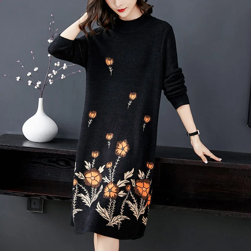 

Midi Knitted Dress Women Fashion Half High Neck Long Sleeve Printed Sweater Autumn Winter Pullover Shirt Loose Female Robe M1425