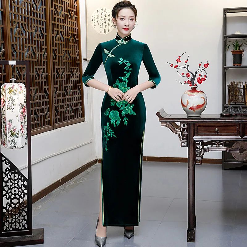 Зеленое велюровое женское платье с вышивкой Cheongsam тонкие вечерние платья
